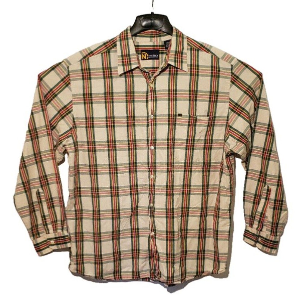 Nautica Jeans Company Y2K Mens XL Plaid LS Button Down Shirt EUC 100% Cotton